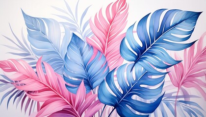 watercolor illustration of vibrant tropical plants with blue and pink leaves on a clean white background - Powered by Adobe