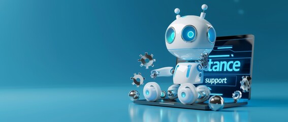 3D render of a cute white robot with gears coming out from a laptop screen and code on a blue background, concept for coding or artificial intelligence design in the style of vector style.