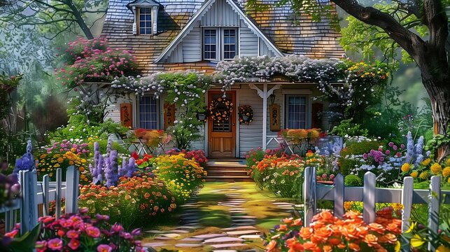 house garden pathway leading breathtaking patchy flowers toon birds roses fly huts wonderful shadows buff masterful