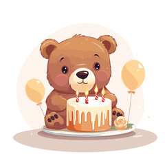 Cute cartoon teddy bear with birthday cake. Vector illustration.