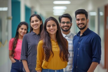 portrait of group of smiling indian college students standing in corridor