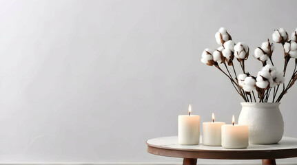 Stylish table with cotton flowers and aroma candles near light wall with copy space. Banner for design