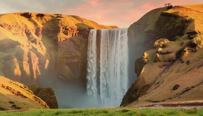 amazing icelandic landscape incredible view of famous skogafoss waterfall during sunset dramatic...