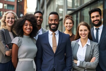 Group of happy multiethnic business people standing together and looking at camera