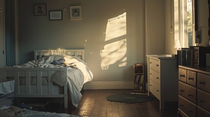 A serene scene of a child's empty bedroom, with a sense of stillness and longing, evoking the profound impact of a missing child on International Missing Children's Day.