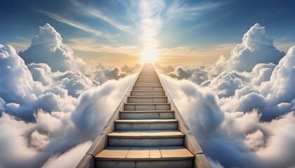 stairway leading up to a divine light in clouds this intriguing image depicts a stairway winding up to a celestial realm in a contrasting scene of serenity and turmoil in the clouds