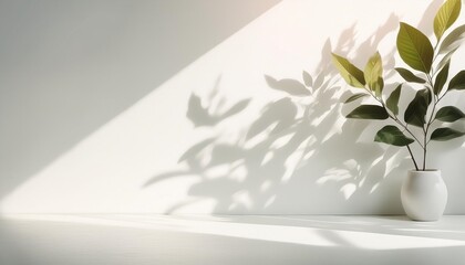 minimalistic light background with blurred foliage shadow on a white wall