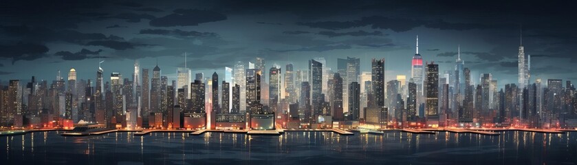 Fototapeta premium New York City from across the Hudson River at night. The sky is cloudy and the city lights are reflected in the water.