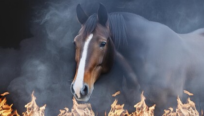 horse in the dark with fire and smoke panoramic banner