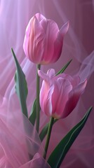 two pink tulips vase veil profile appearing background touch love underwater soft colors flowering buds rays sunlight rounded shapes