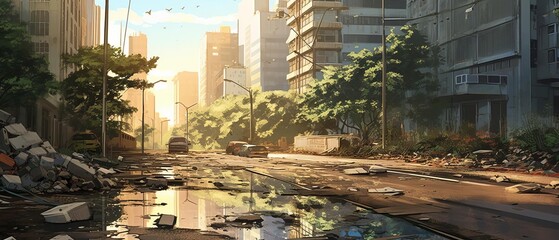 A post-apocalyptic city street with overgrown vegetation and abandoned cars. The street is wet from a recent rain, and the sun is shining through the clouds.