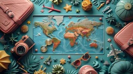 3D illustration of travel and social media icons on a teal background, in the cute clay style.