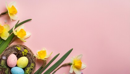 easter pastel background with colorful easter eggs and daffodils