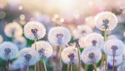 colorful background of dandelions in close up