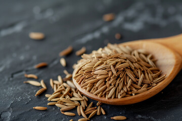 light brown fragrant caraway spice in wooden spoon close up. High quality photo