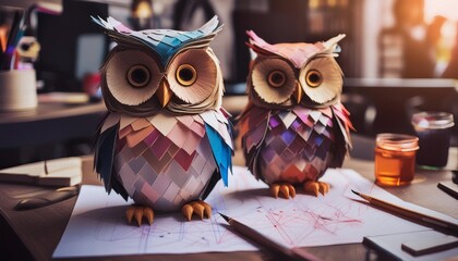 cute handmade owls made from paper and paint on desk