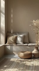 couch pillows vase plant cycladic sculptural dreamy light sandy colors still estate white trendy clothes rammed earth courtyard warm sunshine tassels