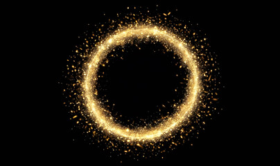 Gold glitter circle of light shine sparkles and golden spark particles in circle frame on black background. Christmas magic stars glow, firework confetti of glittery ring shimmer