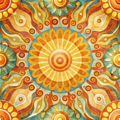 Seamless mandala pattern featuring vibrant sun designs in a colorful, watercolor style. Ideal for background or textile, from home decor to fabric printing
