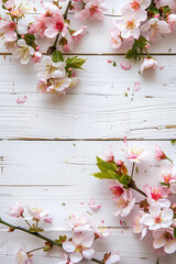 spring background, cherry flower on the white wood background. High quality photo