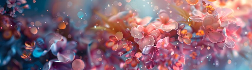 Ethereal floral panorama with vibrant colors and sparkling effects, wide banner