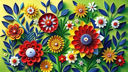 Naklejka premium This vibrant image captures a colorful arrangement of paper flowers in yellow, blue, and red, perfect for spring-themed designs or festive decorations in a flat lay format