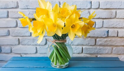 spring flowers yellow daffodils bouquet in vase on blue table white brick wall mothers day