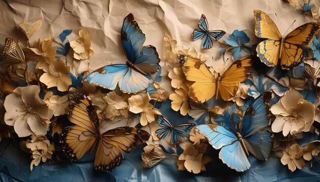 abstarct flowers herbarium luxury color combination cyanotype of stone surrounded by fantasy butterfly flowers torn paper golden glow abstract pattern foliage background crumpled paper 3d artw