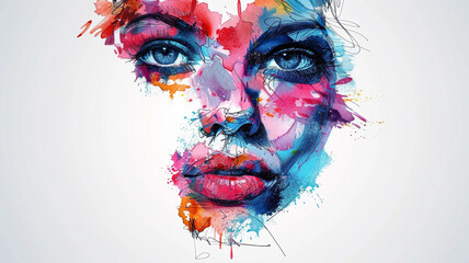 tattoo of female face, color image, just the design, vector art white background.