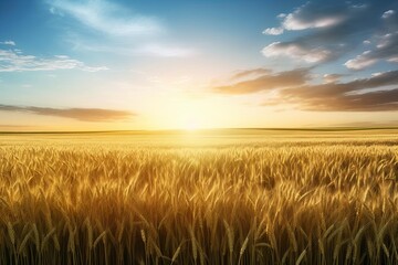 Fototapeta premium A golden wheat field stretches as far as the eye can see, gently undulating in the warm summer breeze