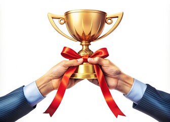 Two hands holding a golden trophy with red ribbon, symbolizing victory or achievement