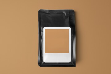 Black coffee bag, blank label, product packaging, flat lay design