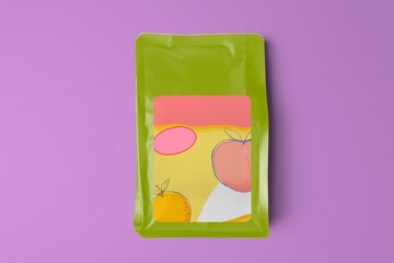 Green coffee bag,yellow label, product packaging, flat lay design