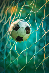 Naklejka premium soccer ball in a goal net close up. High quality photo