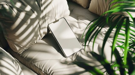 Blank white screen iPhone mockup, placed on an elegant sofa with soft cushions and surrounded by lush green plants.