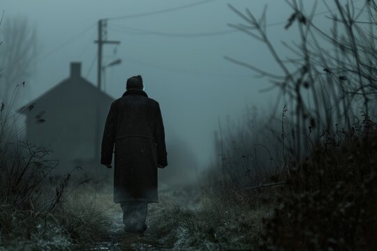 Stalker concept. Lonely man walking in the middle of nowhere. Rear view, deserted house at the background