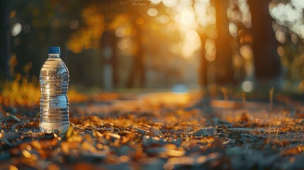 A serene scene of a runner's water bottle and energy gel, symbolizing the importance of hydration and fueling on Global Running Day.