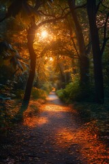 Obraz premium view path forest sun shining trees glimmering orange dawn storybook layout ratio young magic jungle garden road sunset golden hour