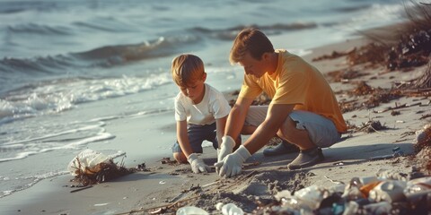 a young boy and his father gloved picking up trash on the beach