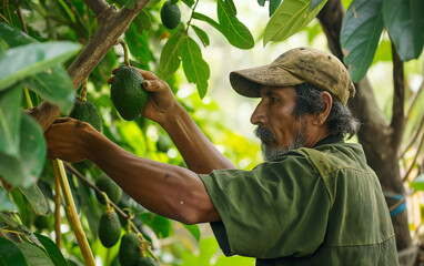 A man harvesting avocados in tall tree in a avocado plantation, avocado harvesting season. Generative AI.