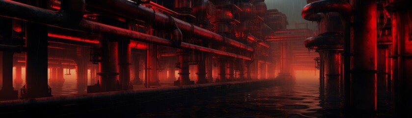 A dark and mysterious environment with red lighting and a sense of danger.