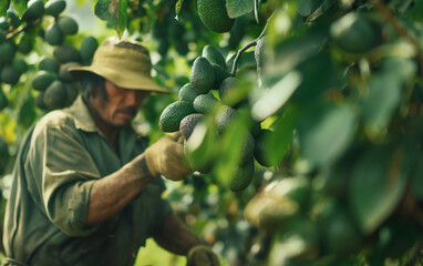 A man harvesting avocados in tall tree in a avocado plantation, avocado harvesting season. Generative AI.