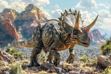 A professional photo captures the Triceratops dinosaur in its natural habitat, grazing in a rugged prehistoric landscape adorned with rocky outcrops and sparse vegetation