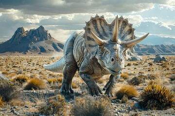 Fototapeta premium A professional photo captures the Triceratops dinosaur in its natural habitat, grazing in a rugged prehistoric landscape adorned with rocky outcrops and sparse vegetation