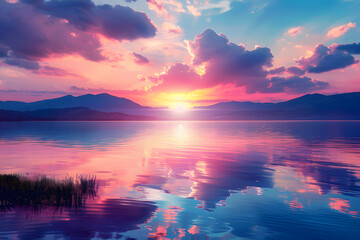 Naklejka premium Peaceful Lake Waters, Sunset Serenity