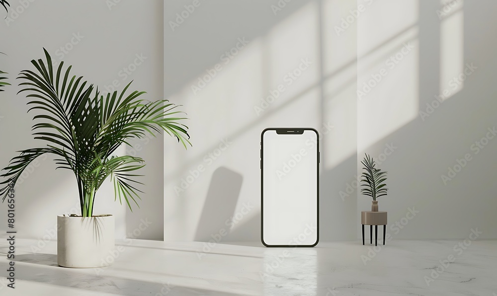 Aufkleber a scene where a handphone mock-up stands out against a white screen in a minimalist studio setup