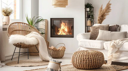 Rattan lounge chair, wicker pouf, and white sofa by fireplace in Scandinavian hygge home interior design of modern living room, Cozy living room with rattan furniture and fireplace, Scandinavian style