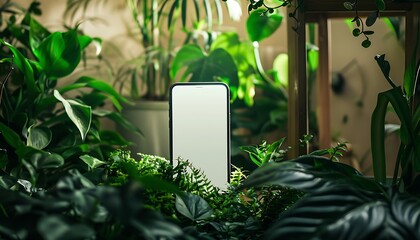 Design a phone mockup in a room filled with green plants, with a simple white screen background