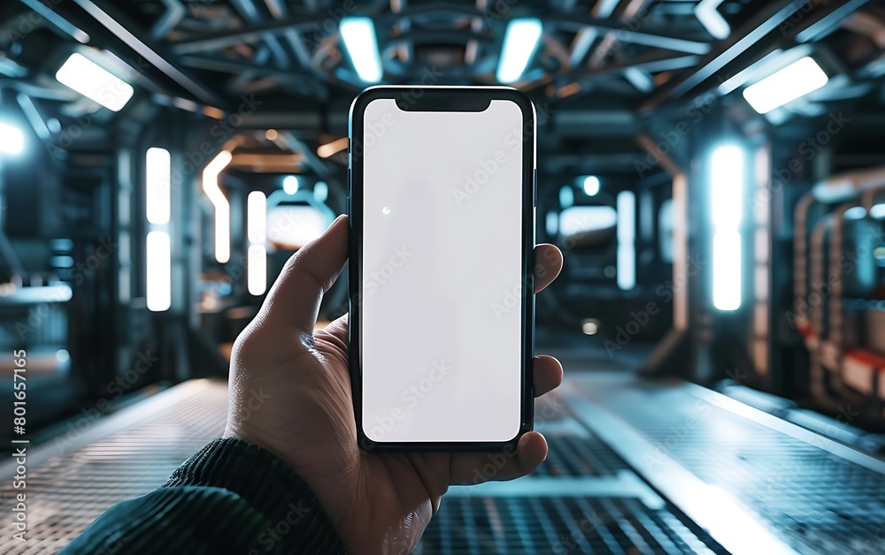 Poster handphone mock-up in a high-tech studio space, with holographic displays and a crisp white screen