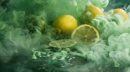 Citrus fruits, lemon, lime with cut pieces with smoke on a dark background representing a healthy food concept, advertising image